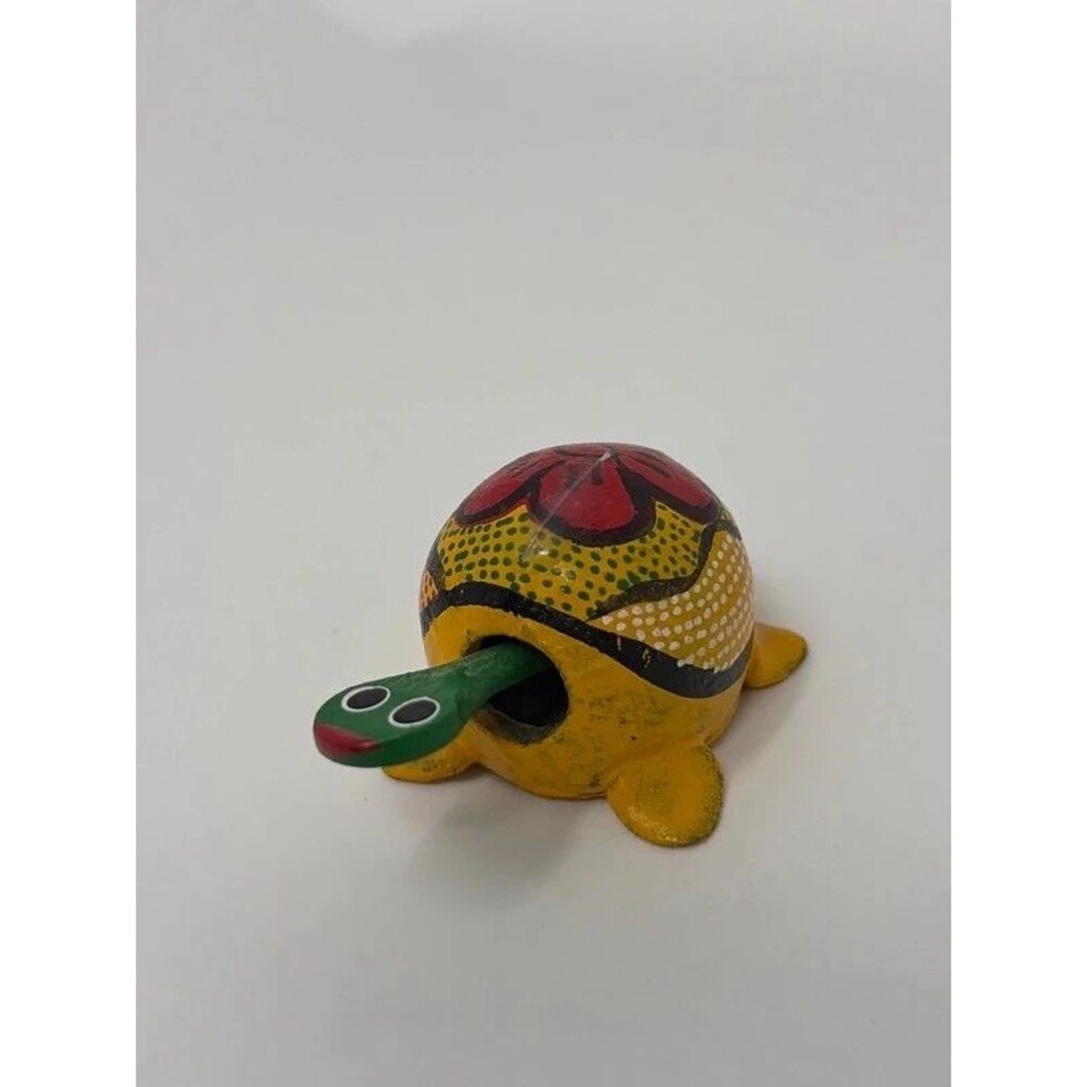Mexican Wooden Hand Painted Bobble Head Turtle Head Moves When Touch 1” X 1.5”